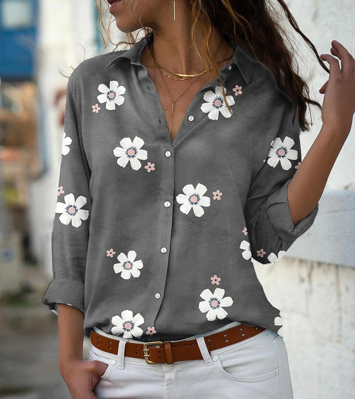 Title 4, Camisa feminina de manga longa com estampa flor...