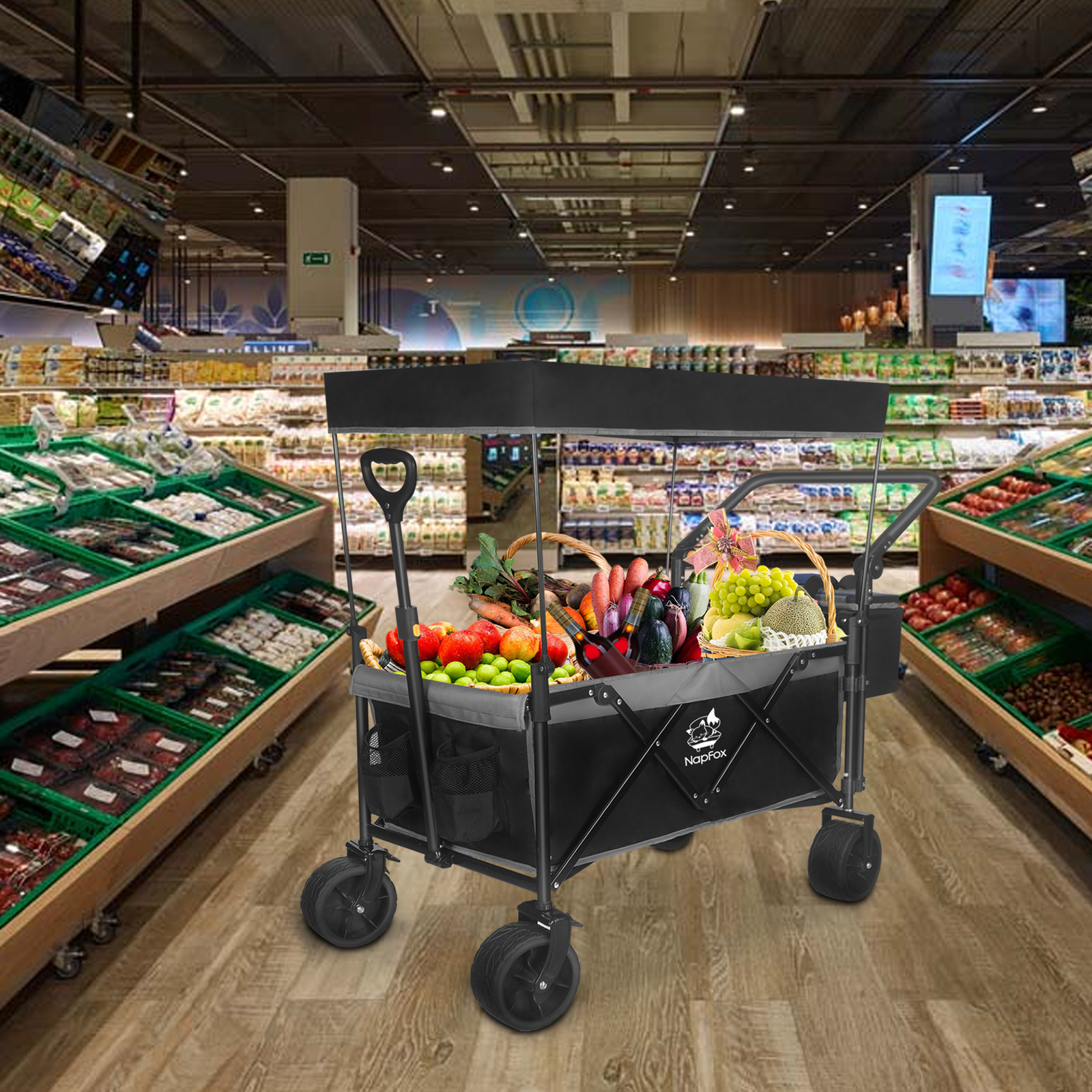 Collapsible Wagon 140L Wagons Carts Foldable With Removable Canopy, Folding Wagon Cart With Wheels For All-Terrain With Brake, Foldable Wagon With Cooler Bag, For Camping Beach Shopping