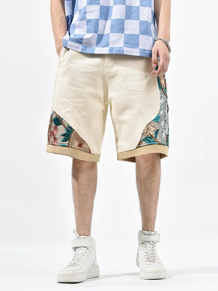 Guochao Pants Hollow Floral Embroidery Five-point Pants