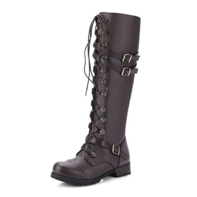 Round Toe Mid heel Lace up Over the knee Boots Brown - Shop at LoveMi