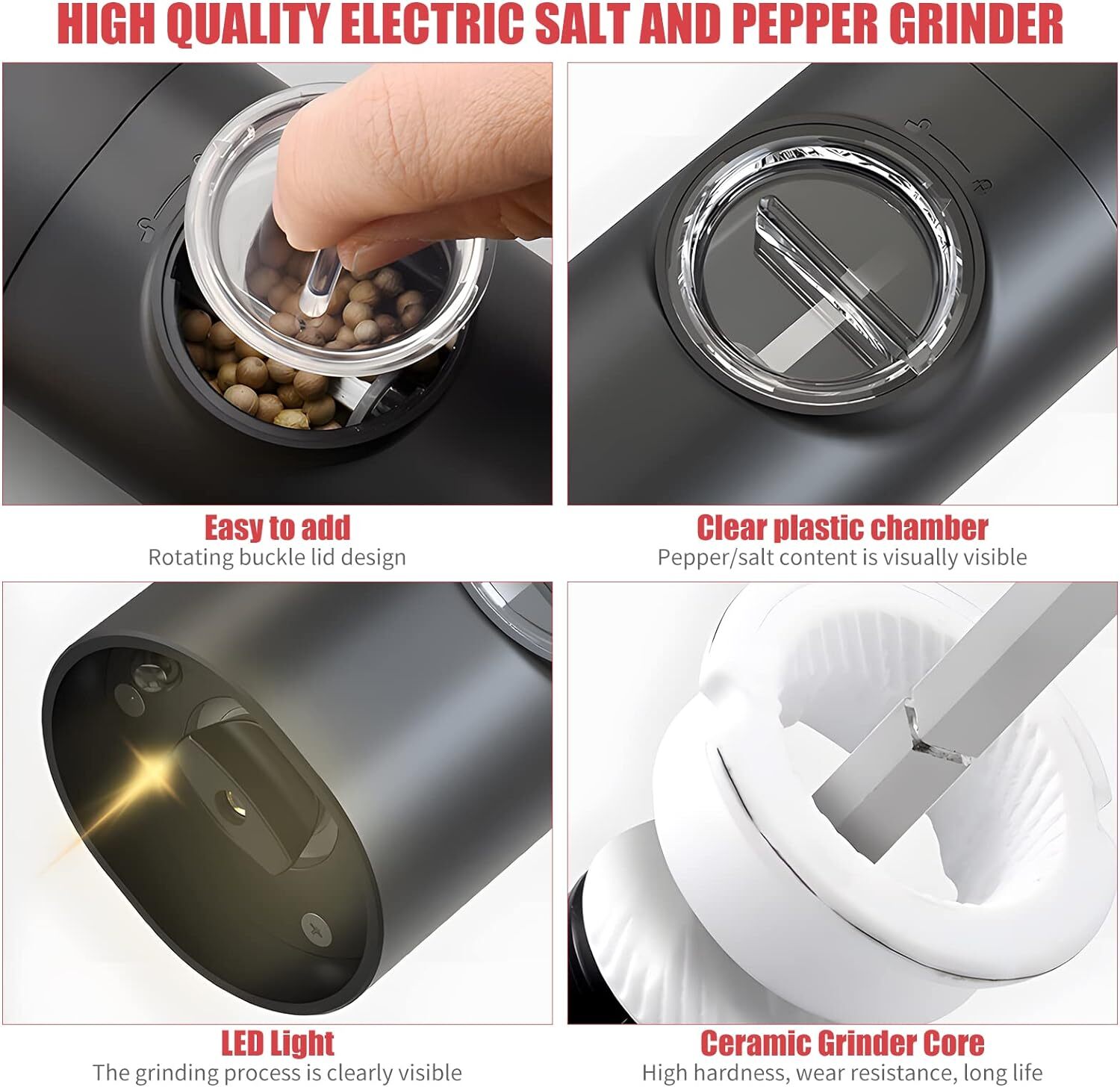 2x Electric Salt And Pepper Grinder LED Auto Mill Shaker Adjustable Coarseness 13