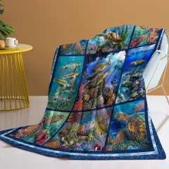 Of Flannel Coral Turtle Cute Pet Theme Soft And Fluffy Multifunctional Outdoor Beach Camping Living Room Sofa Office Nap Printed Blanket - Blue - View 1