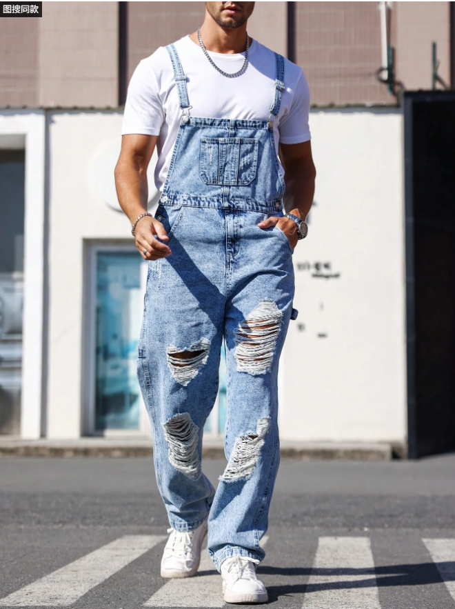 Men Distressed Denim Overalls Light Wash Ripped Bib Pants Loose Fit Streetwear Dungarees US Ready Stock