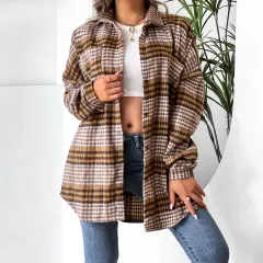 Plaid Shirt Lapel Doll Sleeve Top Dress - Khaki - View 1