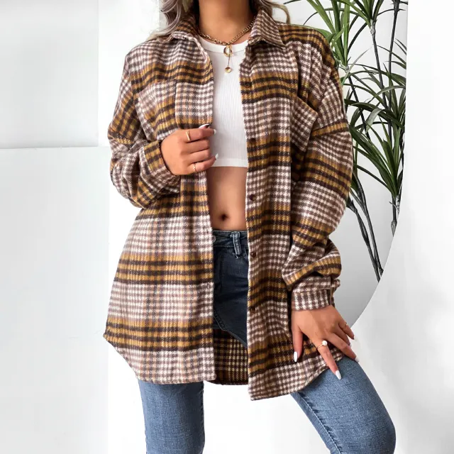 Plaid Shirt Lapel Doll Sleeve Top Dress Khaki - Shop at LoveMi