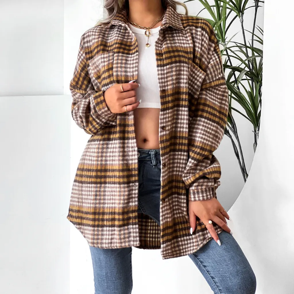 Plaid Shirt Lapel Doll Sleeve Top Dress - Khaki