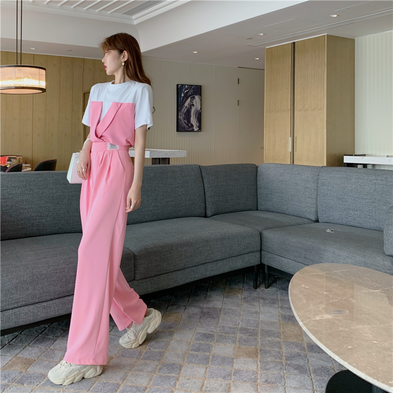 Contrasting Color Stitching Suit Short-sleeved Wide-leg Pants Fashionable Western Style Suit
