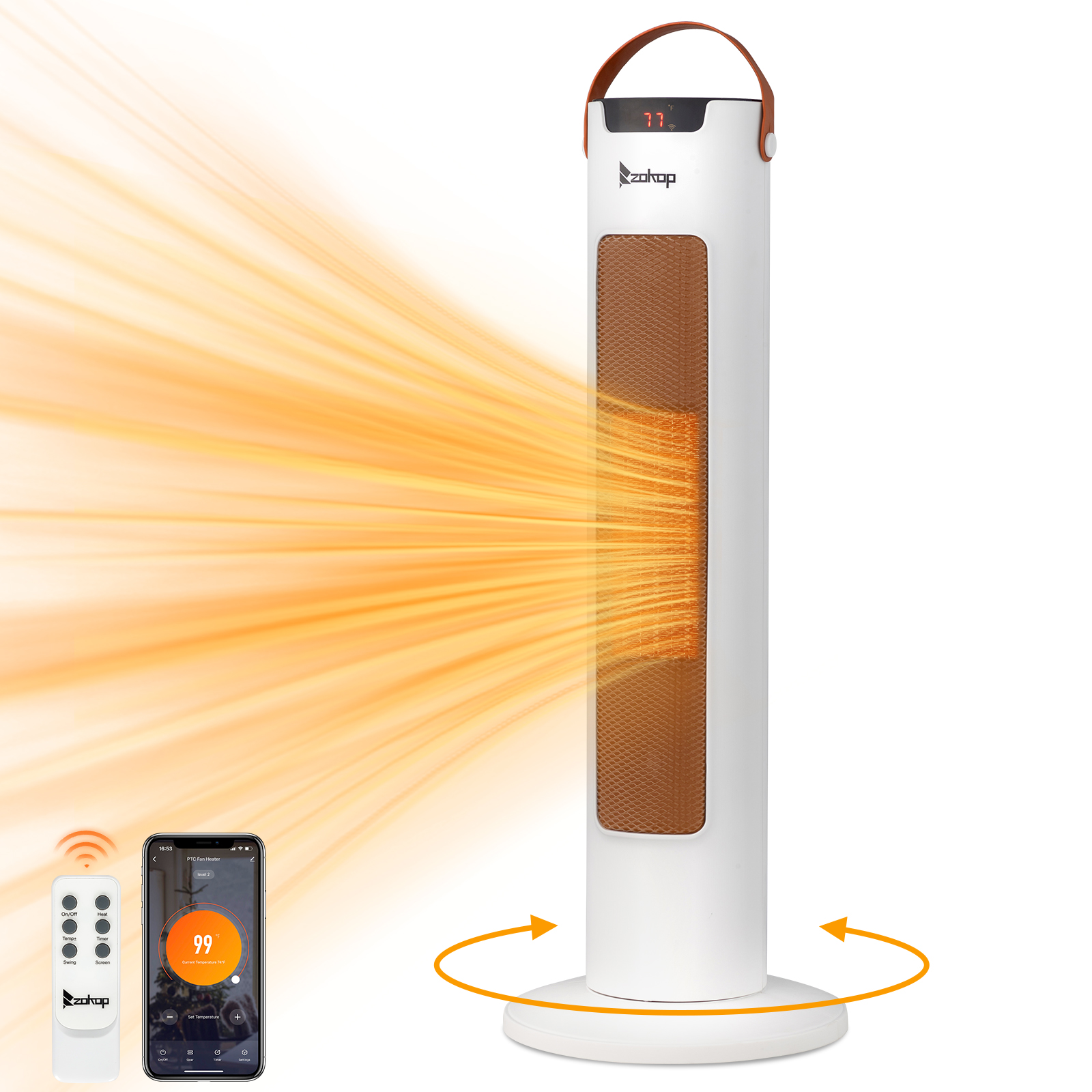 24Inch Tower Space Heater, 1500W Smart Electric Heater With Thermostat, WiFi APP & Remote Control, 60 Degrees Oscillation, 9H Timer, For Indoor Bedroom Office Home, White