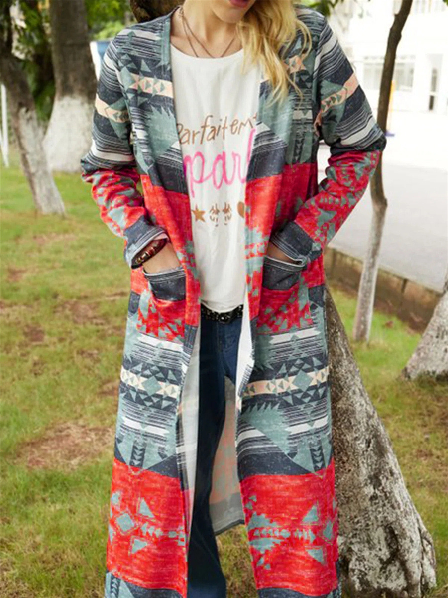 Geometric Print Cardigan Thickened Large Size Slim And Long Trench Coat Red - Shop at LoveMi