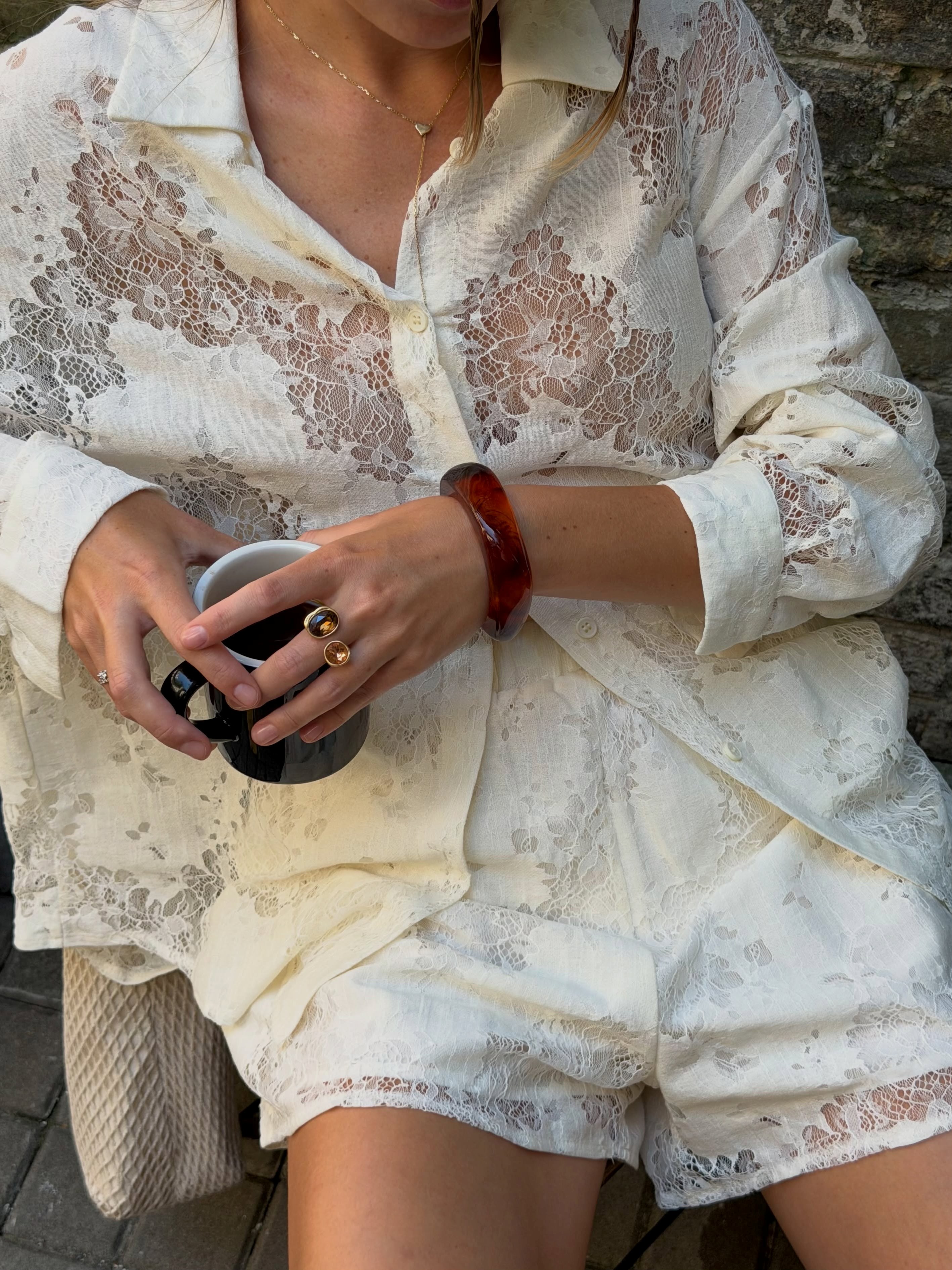 Floral Sheer Lace Oversized Shirt & Elastic Waist Lace Shorts 2-Piece Co-Ord Set 7
