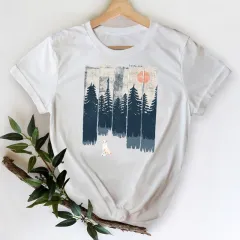 Female Landscape Fashion Print Short Sleeve - White - View 1