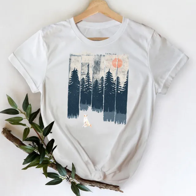 Female Landscape Fashion Print Short Sleeve White - Shop at LoveMi