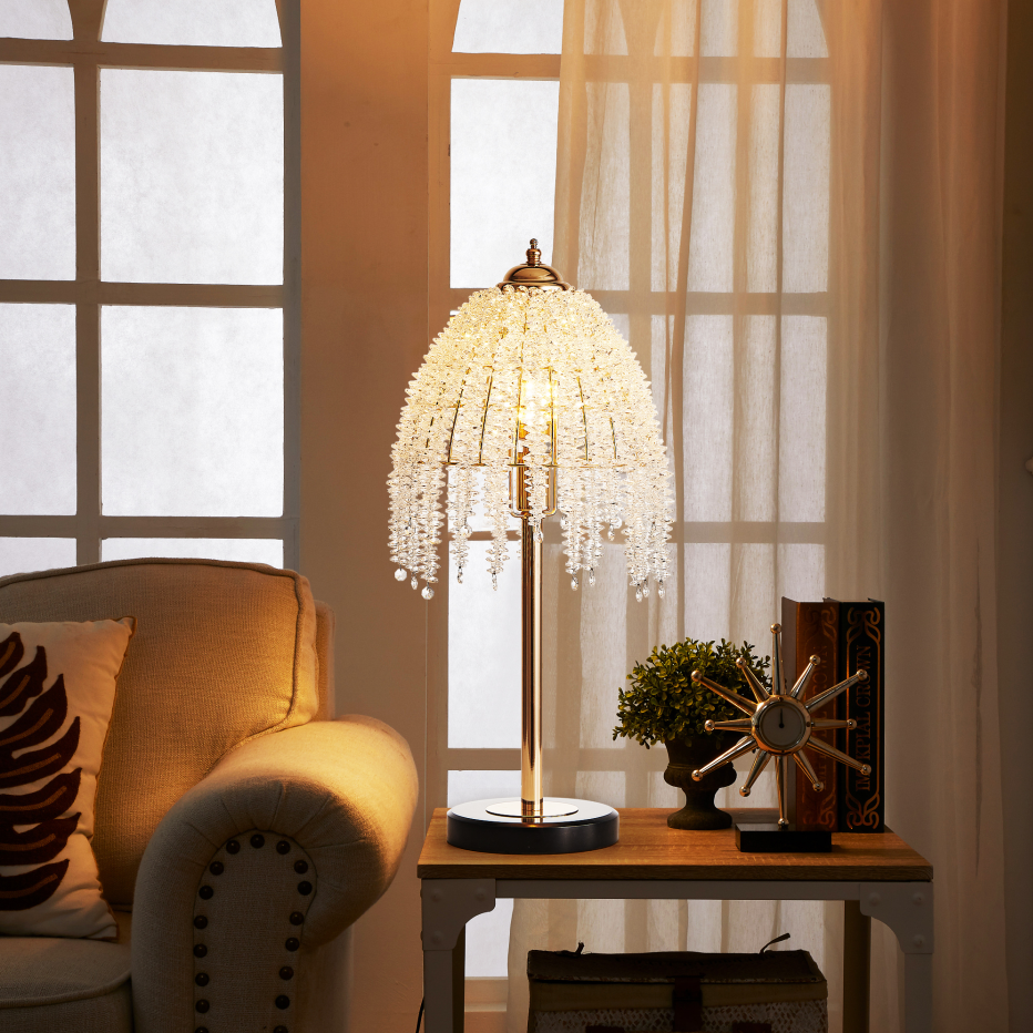 19inch H Elegant Crystal Table Lamp Vintage Waterfall Design With Crystal Bead String Shades And Marble Textured Base For Living Room, Bedroom, Or Office Bulb Not Included - Image 1