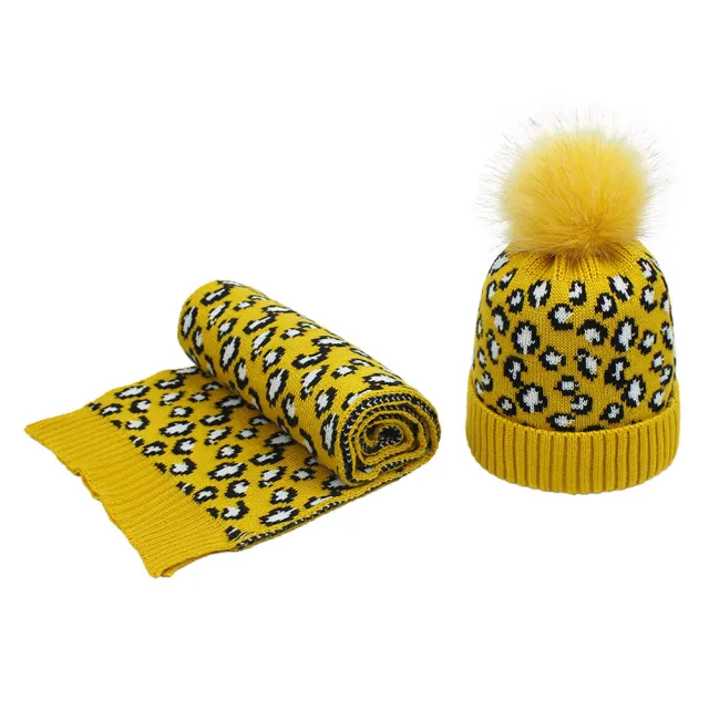 Women's Autumn And Winter Leopard Print Hair Ball Hat Scarf Set Yellow - Shop at LoveMi