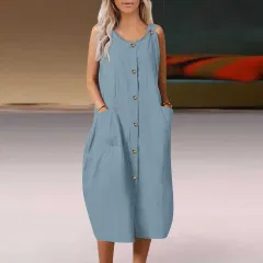 Loose And Comfortable Casual Cardigan Strap Dress - Blue - View 1