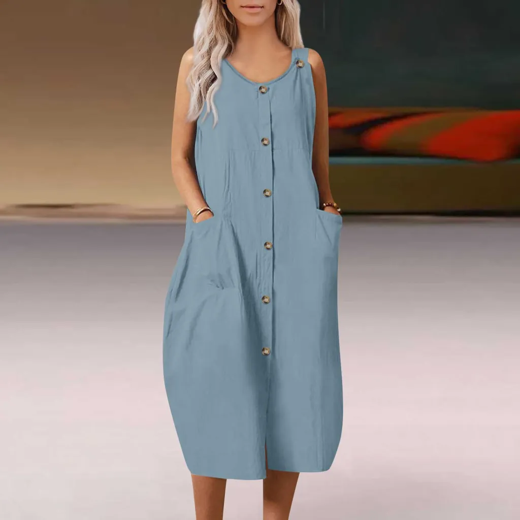 Loose And Comfortable Casual Cardigan Strap Dress - Blue