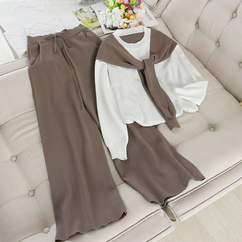 Contrasting Shawl Loose Knit Sweater Drawstring Trousers Two-piece Suit
