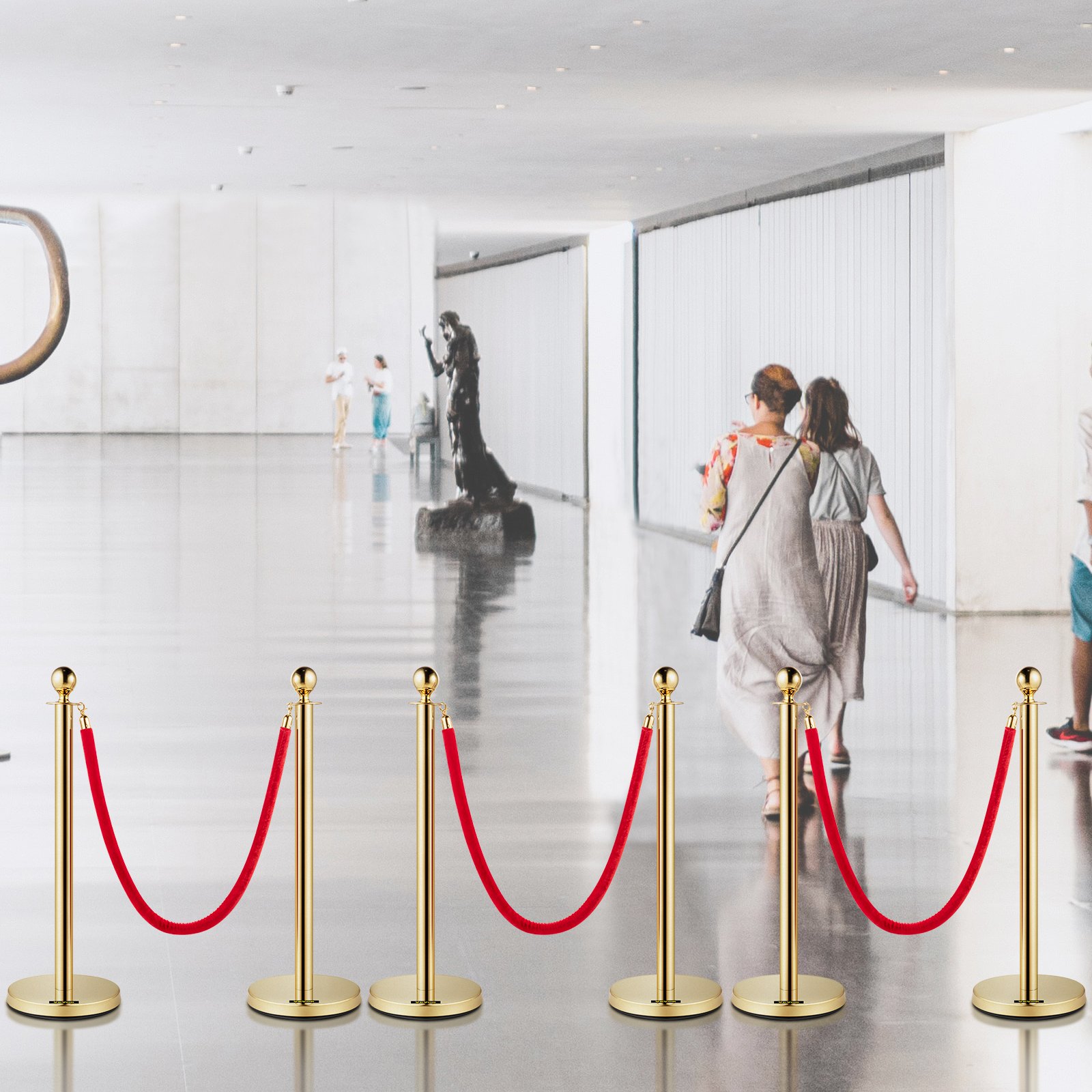 Velvet Ropes And Posts, 5 Ft-1.5 M Red Rope, Stainless Steel Gold Stanchion With Ball Top, Red Crowd Control Barrier Used For Theaters, Party, Wedding, Exhibition, Ticket Offices Pack Sets -6