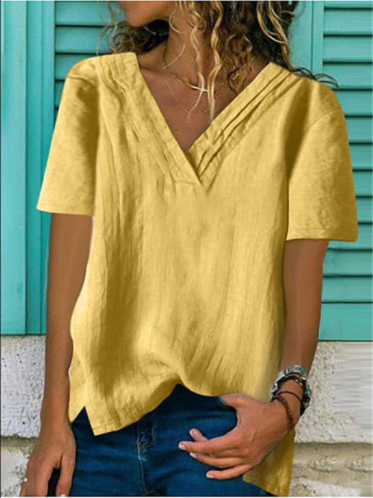 Title 1, Large V-neck Hem Bifurcated Short-sleeved Cotto...