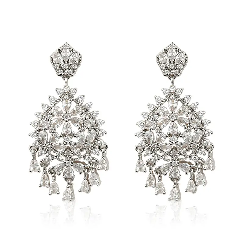Floral Copper Set Zirconium Fashion Tassel Long Earrings