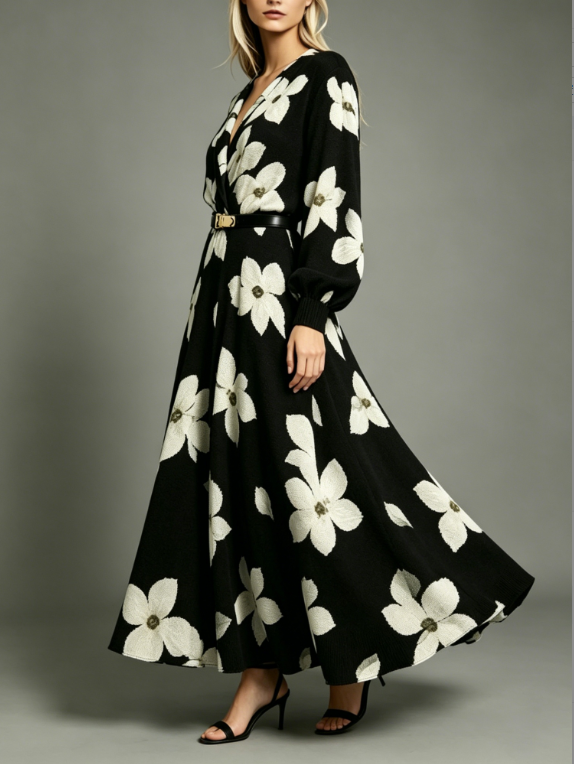 Black Background Large White Flower V-neck Waist Cinched Knitted Long Dress
