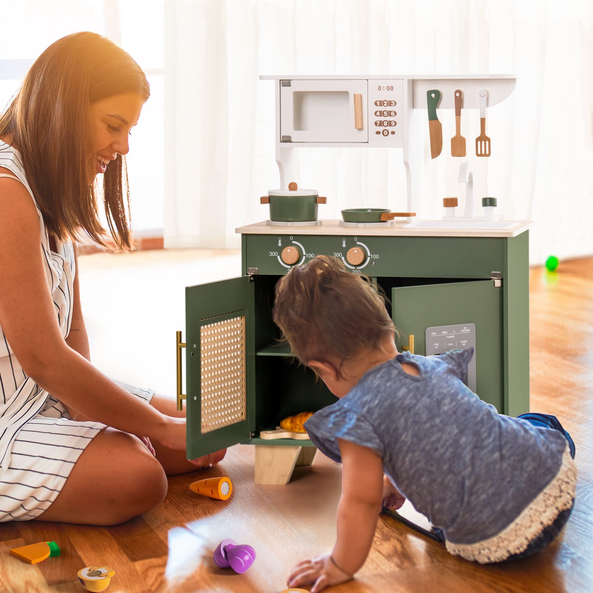 Green Wooden Kitchen Toy Set with Accessories. Material :Wood Brand:ROBUD Item dimensions L x W x H:55 x 28 x 79 centimetres Age range (description):Kid About this item Wooden kitchen play set: the preschool kitchen sets are made of natural wood, sturdy a