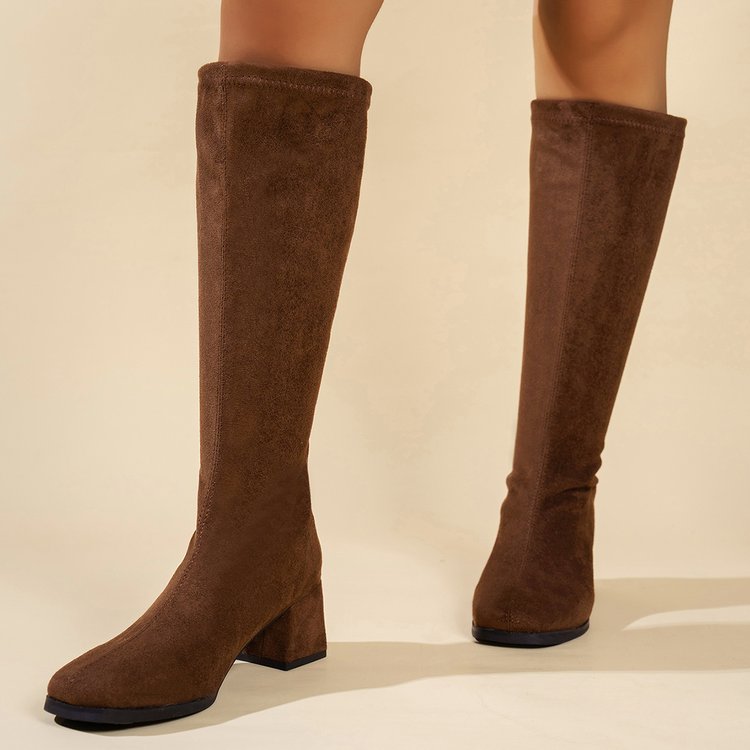 2026 AW New Women's SquareToe Suede Long Boots OvertheKnee Equestrian Style, Stacked Design