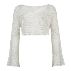 European And American Fashion Irregular Hollow Knitted Blouse - Skin Tone - View 1