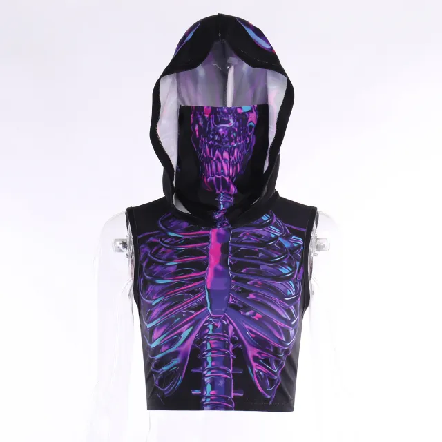Wind Dark Hipster Turtleneck Hooded Skull Print Vest Top For Women Purple - Shop at LoveMi