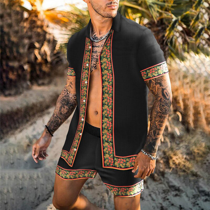 Men's Fashion Leisure Vacation Positioning Printed Shirt Set