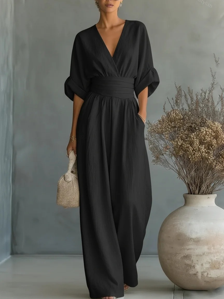 Elegant Deep V Neck Waist Wrap Sleeve Wide Leg Floor Length Jumpsuit