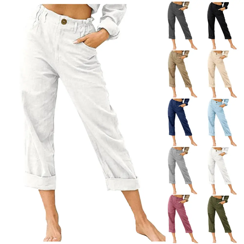 Patchwork Pant Women's Cotton Linen Pants Drawstring Back Elastic