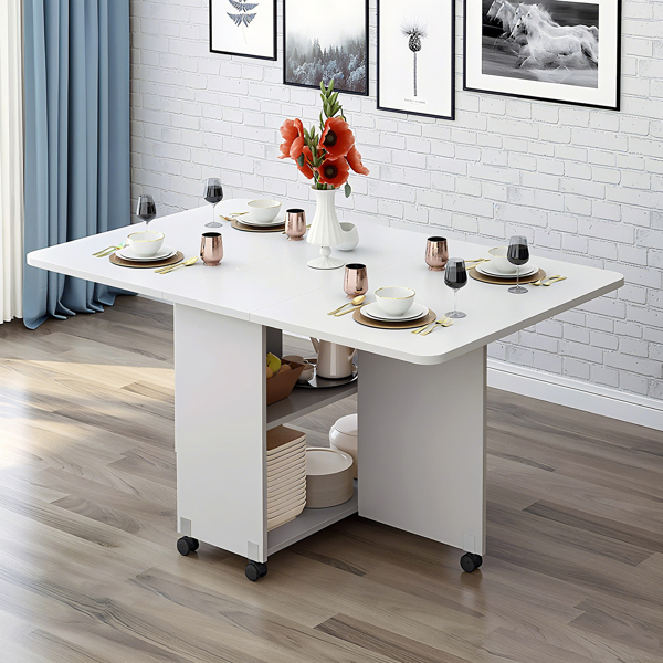 Folding Drop Leaf Dining Table With 6 Wheels And 2-Layer Storage Shelf, Space Saving Table For Small Spaces, 47.2 Inch D X 23.6 Inch W X 30.3 Inch H, White - Image 1