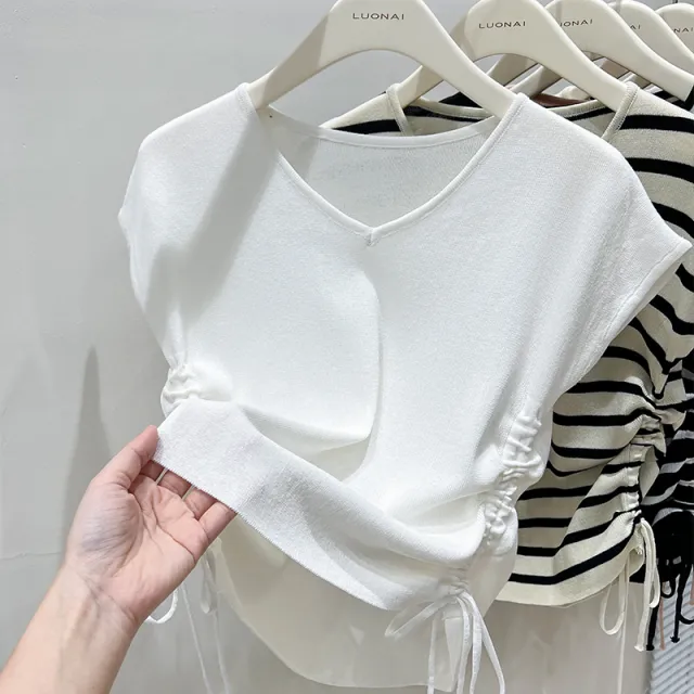 Summer Thin Striped Slim fit All matching Short Top For Women White - Shop at LoveMi