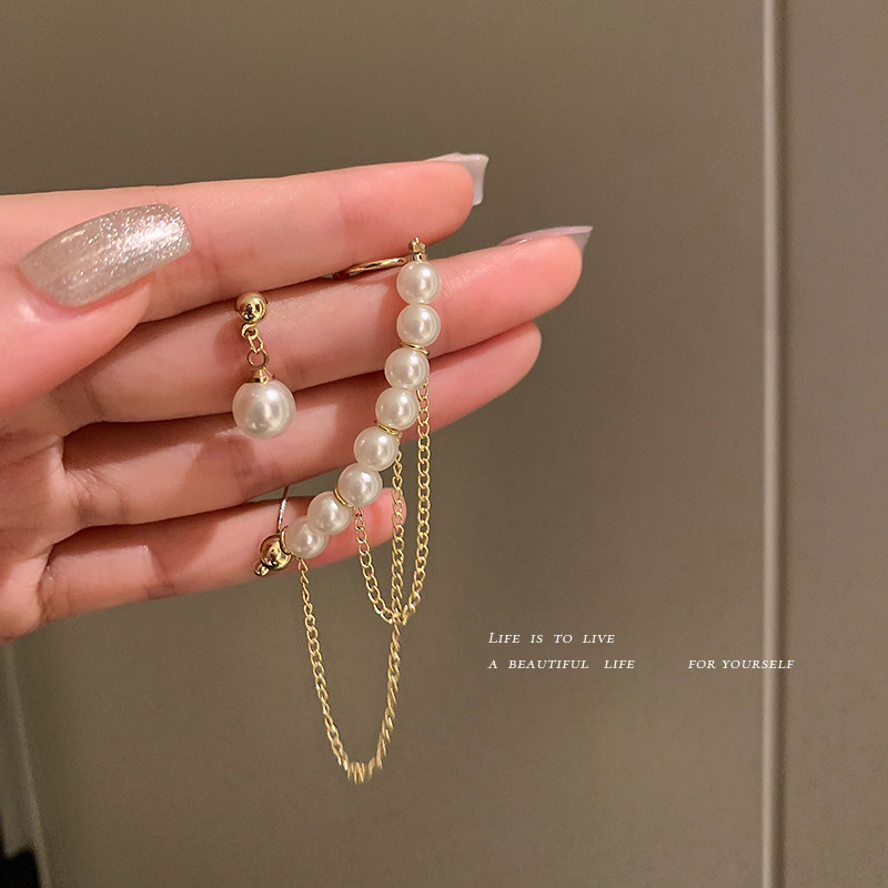 Silver Needle Asymmetric Pearl Tassel Earrings Ear Bone Clamp