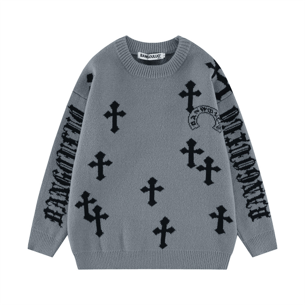 Allover Printed Jacquard Loose Bottomed Knitted Sweater Grey - Shop at LoveMi