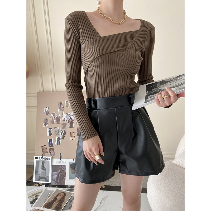 Designed Cross-neck Slim-fit French Sweater