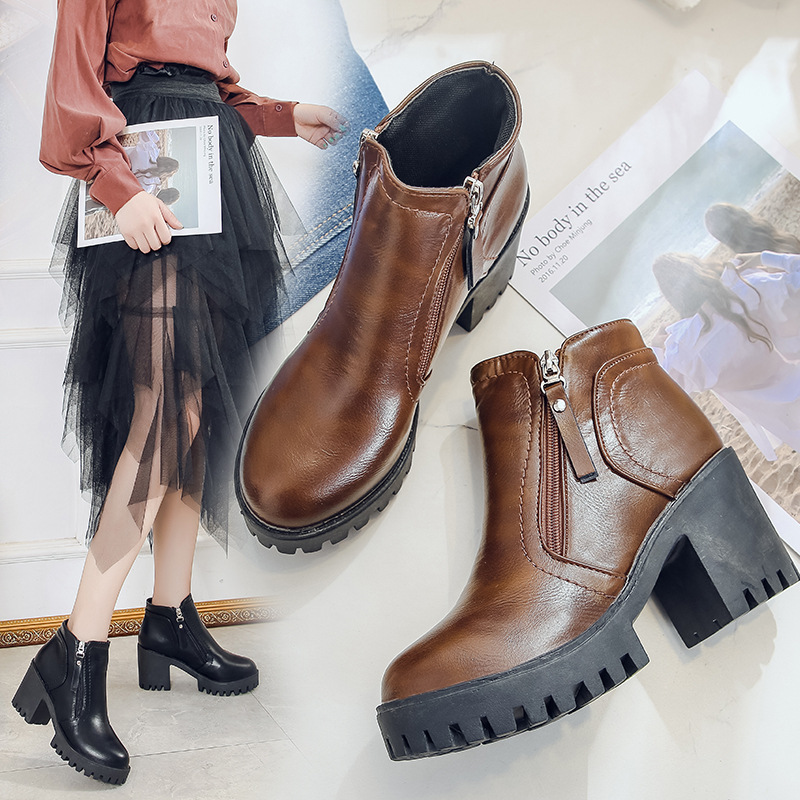 Chunky Heel Round Toe Side Zip Short Boots