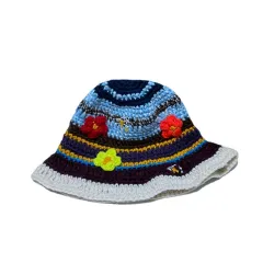 Design Retro Hand-woven Colour-block Flower Bucket Hat - Dark Blue - View 1