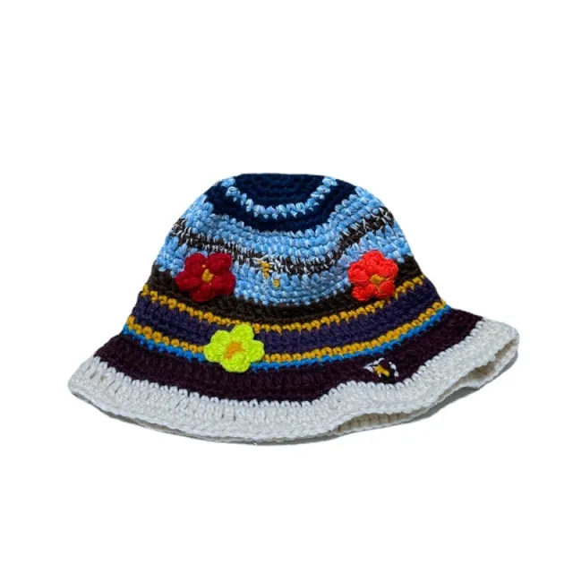 Design Retro Hand woven Color block Flower Bucket Hat Dark Blue - Shop at LoveMi