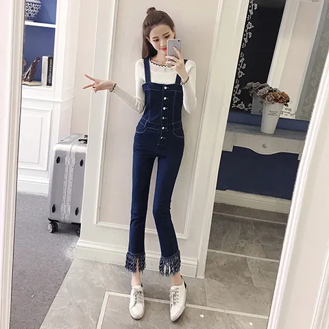 Flared Denim Slim fit Fringed Jumpsuit Red - Shop at LoveMi