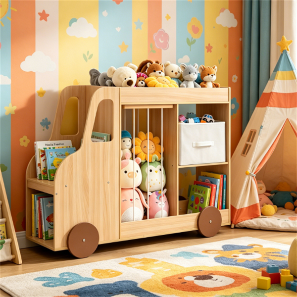 4-in-1 Kids Toy Storage Organizer With Rolling Wheels, Car Shape Wooden Bookshelf With Fabric Drawer For Playroom Nursery, Age 3- Natural