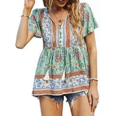 V Neck Short Sleeve Shirt Loose Drawstring Top Women - Green - View 1