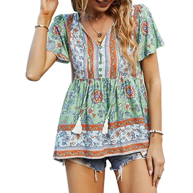 V Neck Short Sleeve Shirt Loose Drawstring Top Women Green - Shop at LoveMi