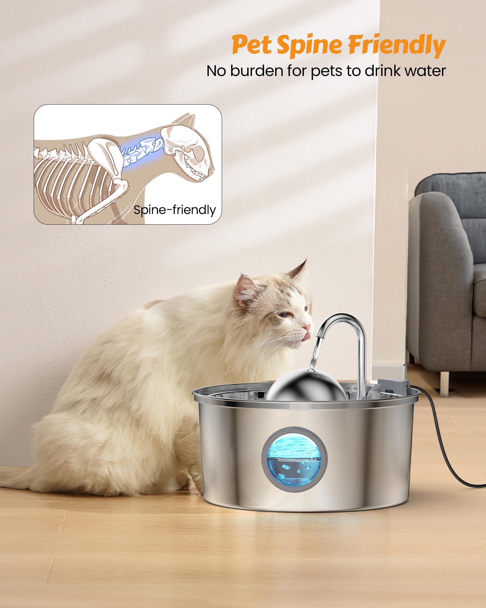 At Water Fountain Stainless Steel, 108oz 3.2L Cat Fountain, Pet Water Fountain With Water Level Window, Hemispherical Shape, Multi-Filter, Silent Pump, Water Tap, Provides Flowing Water thumbnail 5