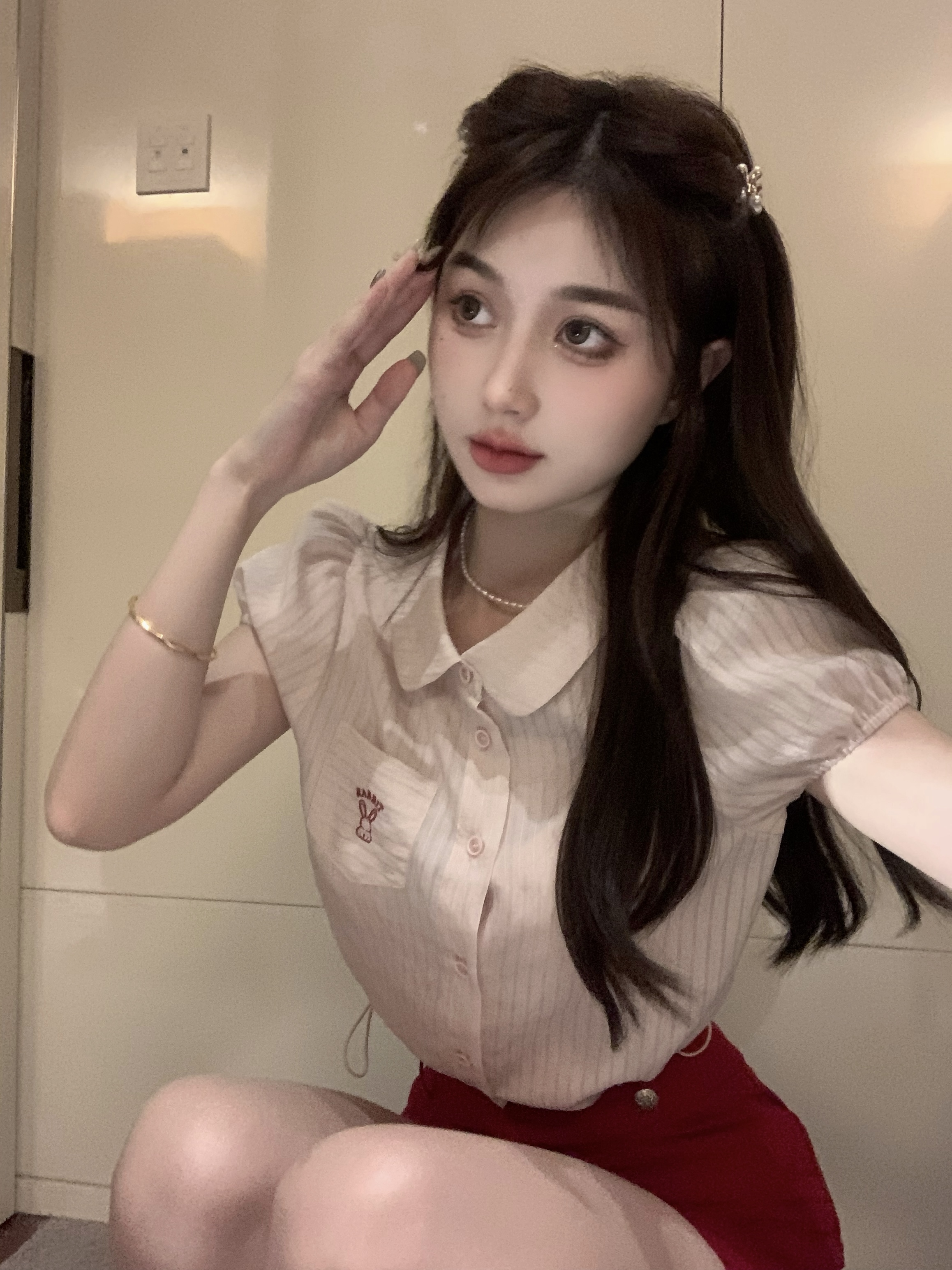 Doll Collar Embroidered Drawstring Shirt Slim Fit