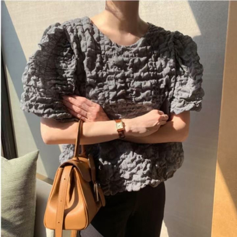 Women's Designer Round Neck Puff Sleeve Textured Shirt