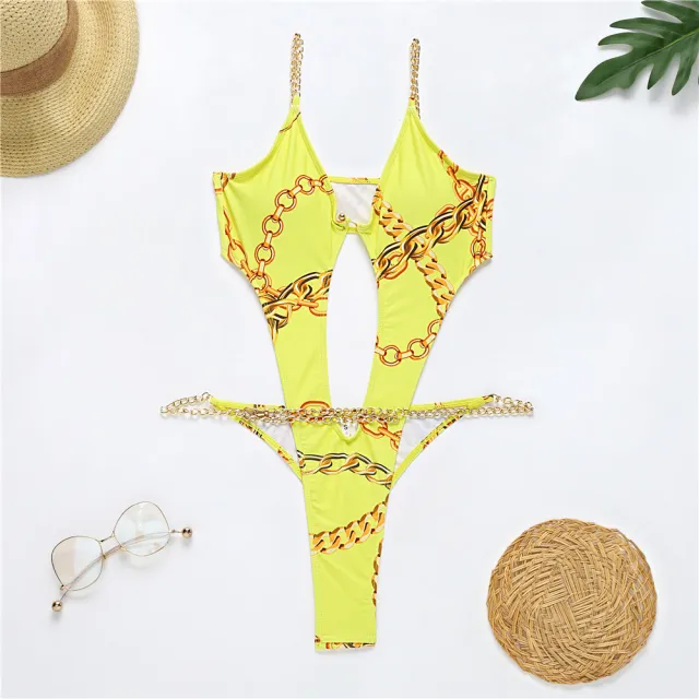 New Printed One piece Bikini Metal Chain Swimsuit Yellow - Shop at LoveMi