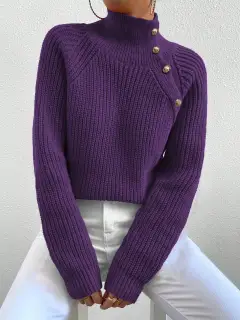 Women Casual Solid Color High Neck Raglan Sleeve Button Decor Pullover Sweater - Purple - View 1