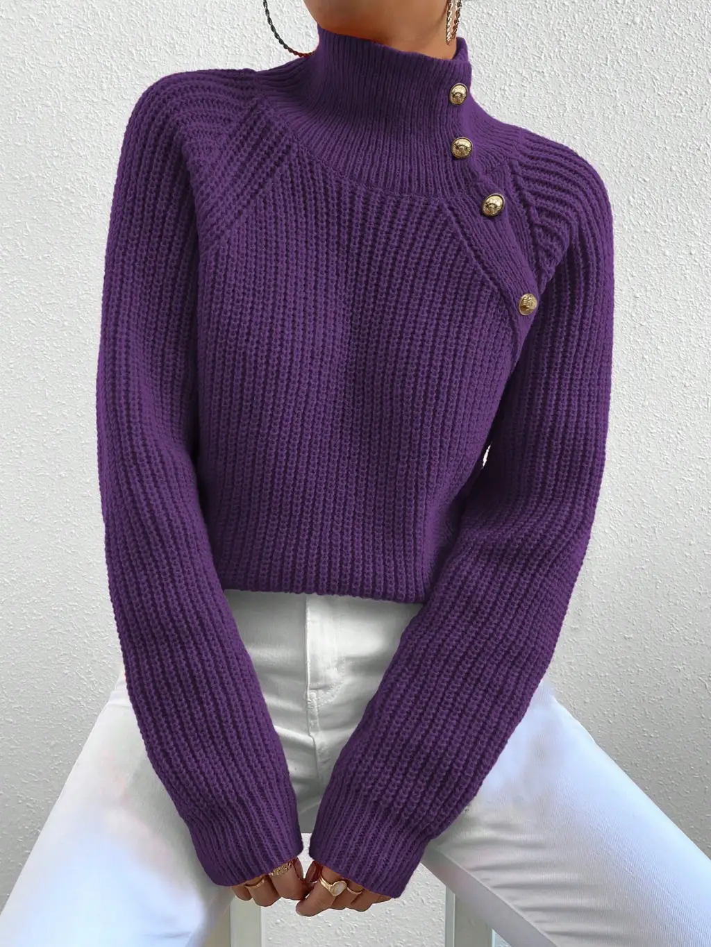 Women Casual Solid Color High Neck Raglan Sleeve Button Decor Pullover Sweater - Purple